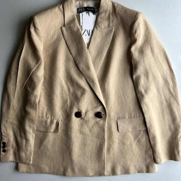 ZARA WOMAN DOUBLE-BREASTED LINEN CROSSOVER BLAZER LIGHT CAMEL 3420/710 NEW SS22 - Picture 1 of 4